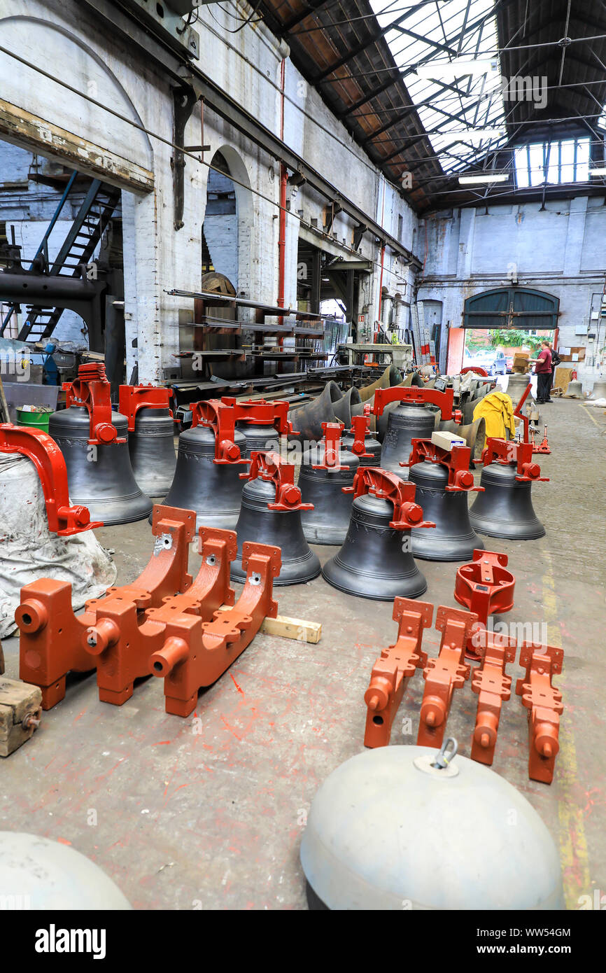 Bells on the shop floor in the workshop of John Taylor & Company Bell Foundry, Loughborough, Leicestershire, England, UK Stock Photo