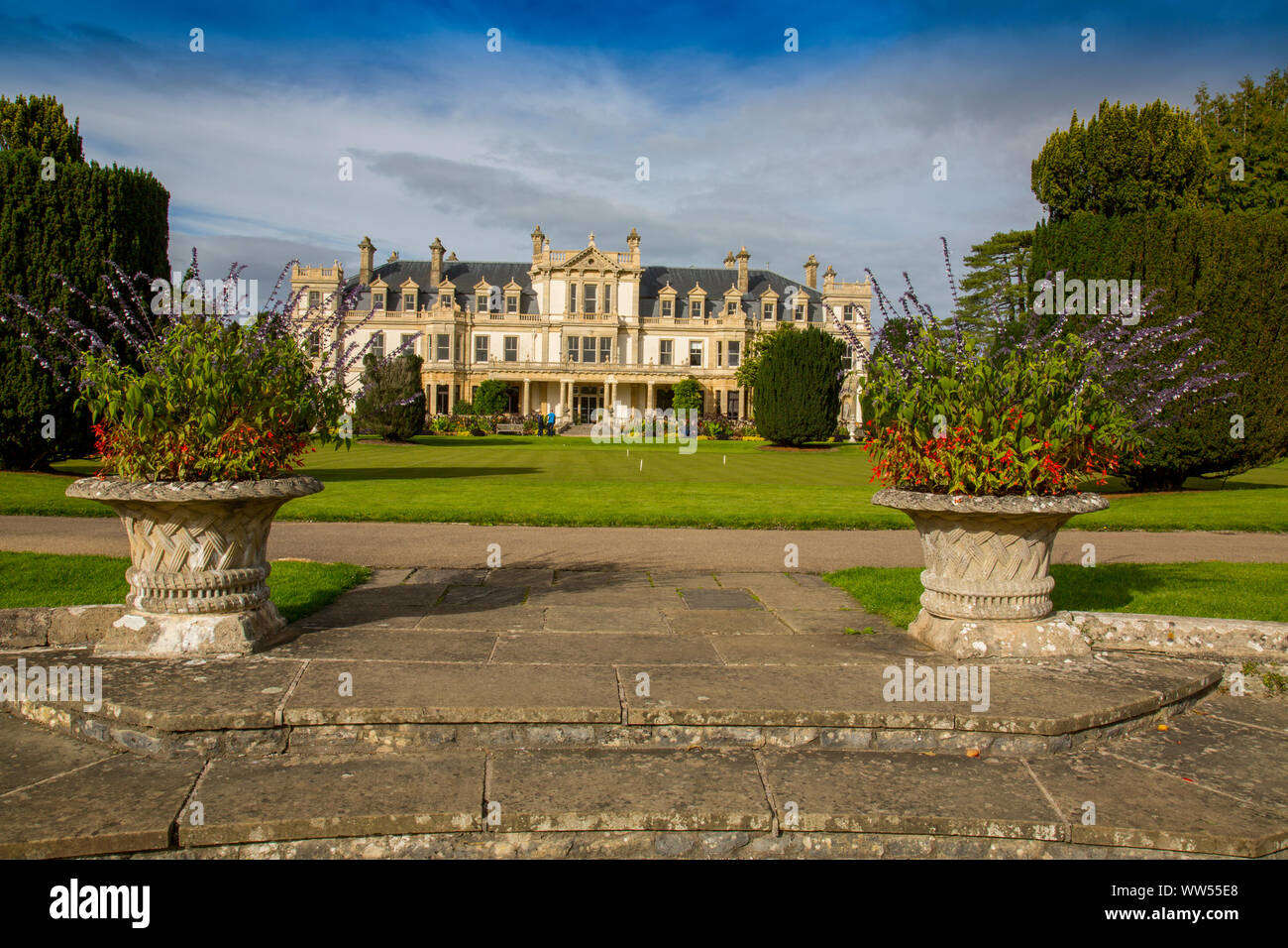 Decorative stone tubs in front of Dyffryn House in the Grade II Listed Dyffryn Gardens, Vale of Glamorgan, Wales, UK Stock Photo