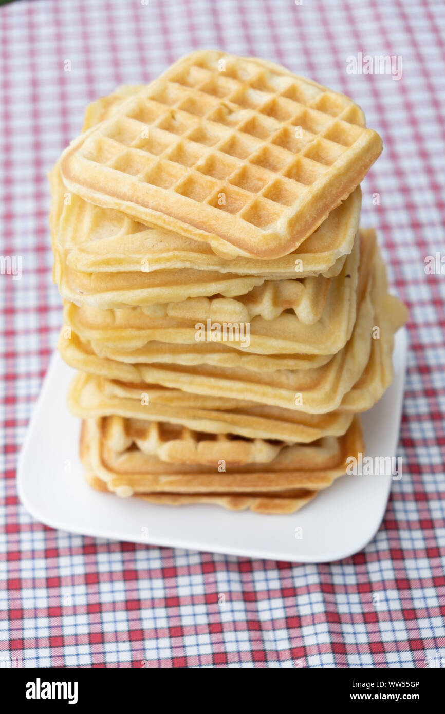 Overhead view of a stack of Belgian waffles Stock Photo