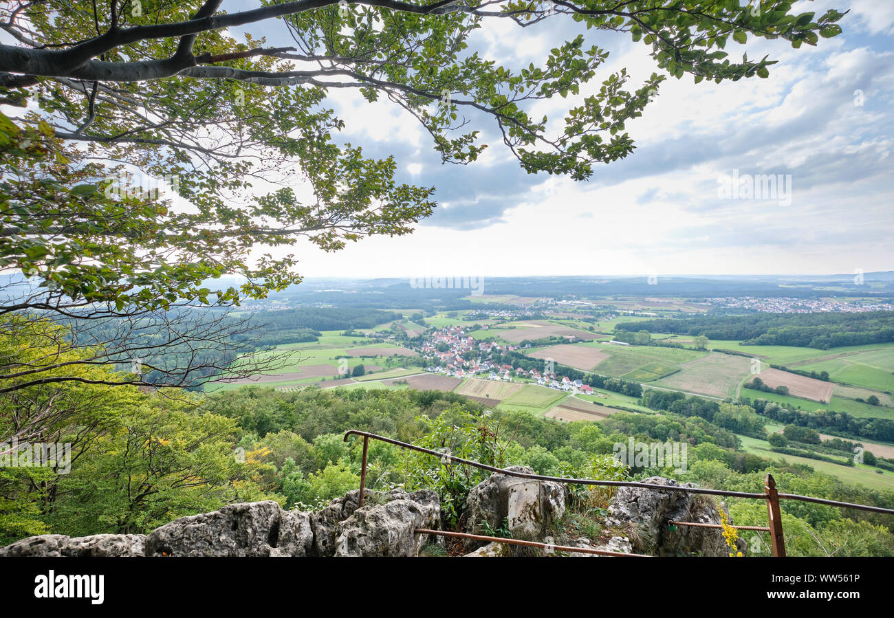 Beautiful scenic view from the Glatzenstein mountain in the Franconian Switzerland on the landscape with the village of Kersbach in Germany in the for Stock Photo