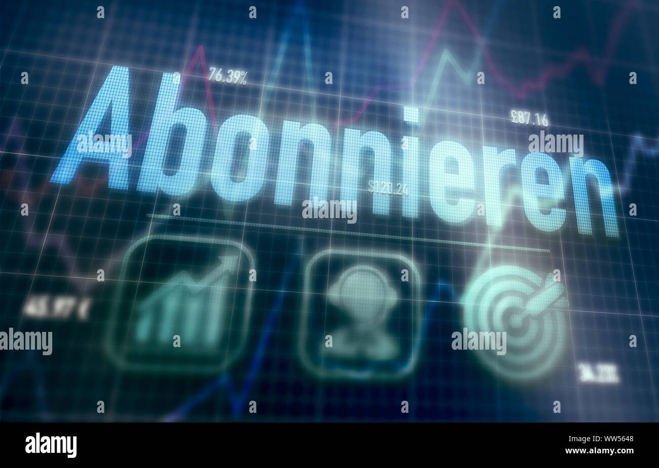 Subscribe "Abonnieren" German concept on a blue dot matrix computer display. Stock Photo