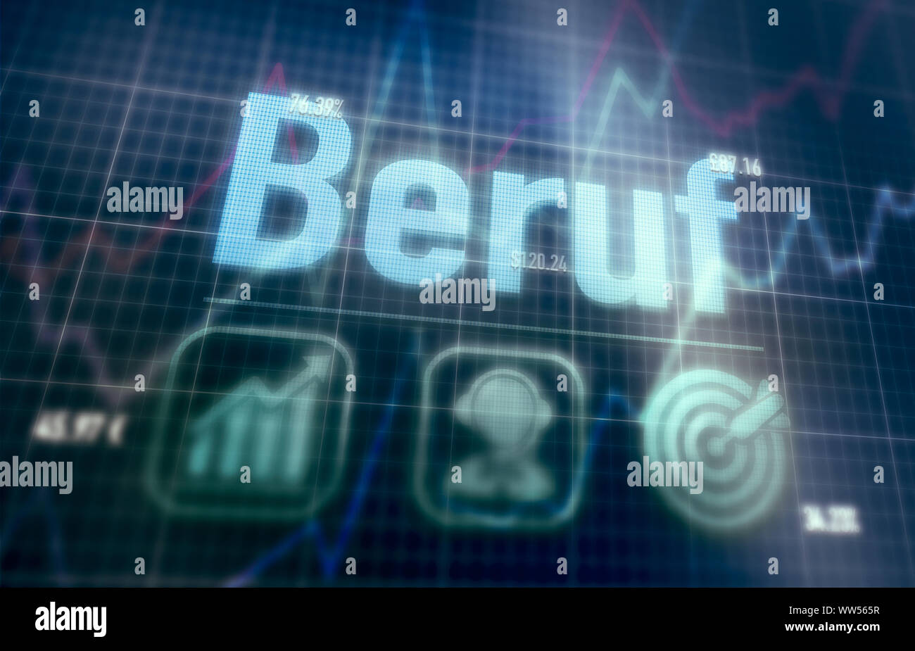 Job "Beruf" German concept on a blue dot matrix computer display. Stock Photo