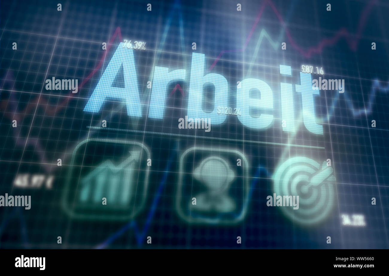 Job "Arbeit" German concept on a blue dot matrix computer display. Stock Photo