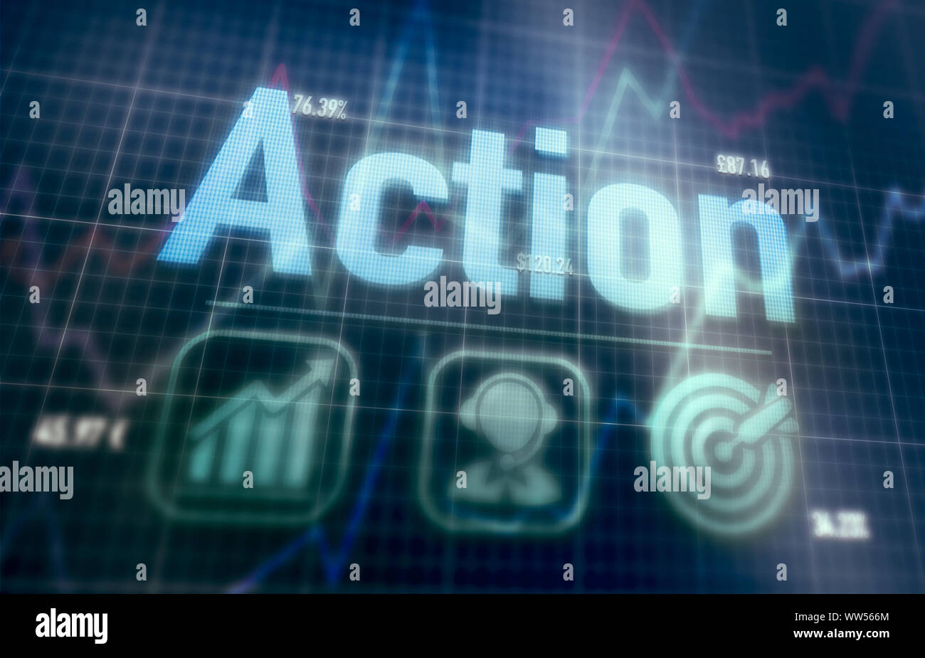 Action concept on a blue dot matrix computer display. Stock Photo