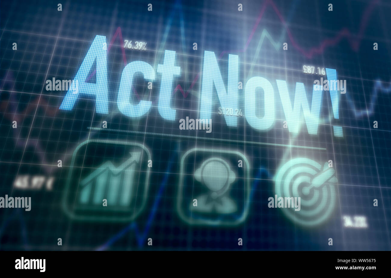 Act Now concept on a blue dot matrix computer display. Stock Photo