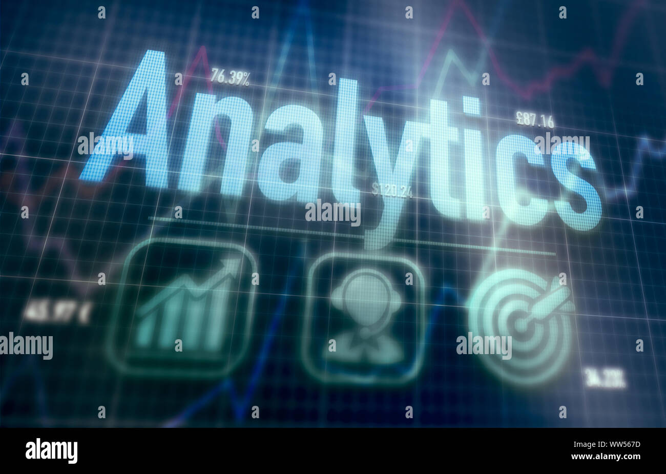 Analytics concept on a blue dot matrix computer display. Stock Photo