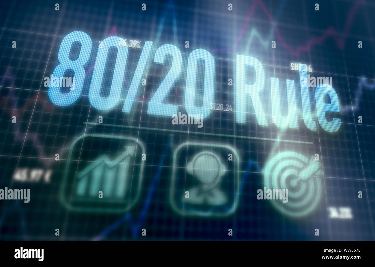 80 / 20 Rule concept on a blue dot matrix computer display. Stock Photo