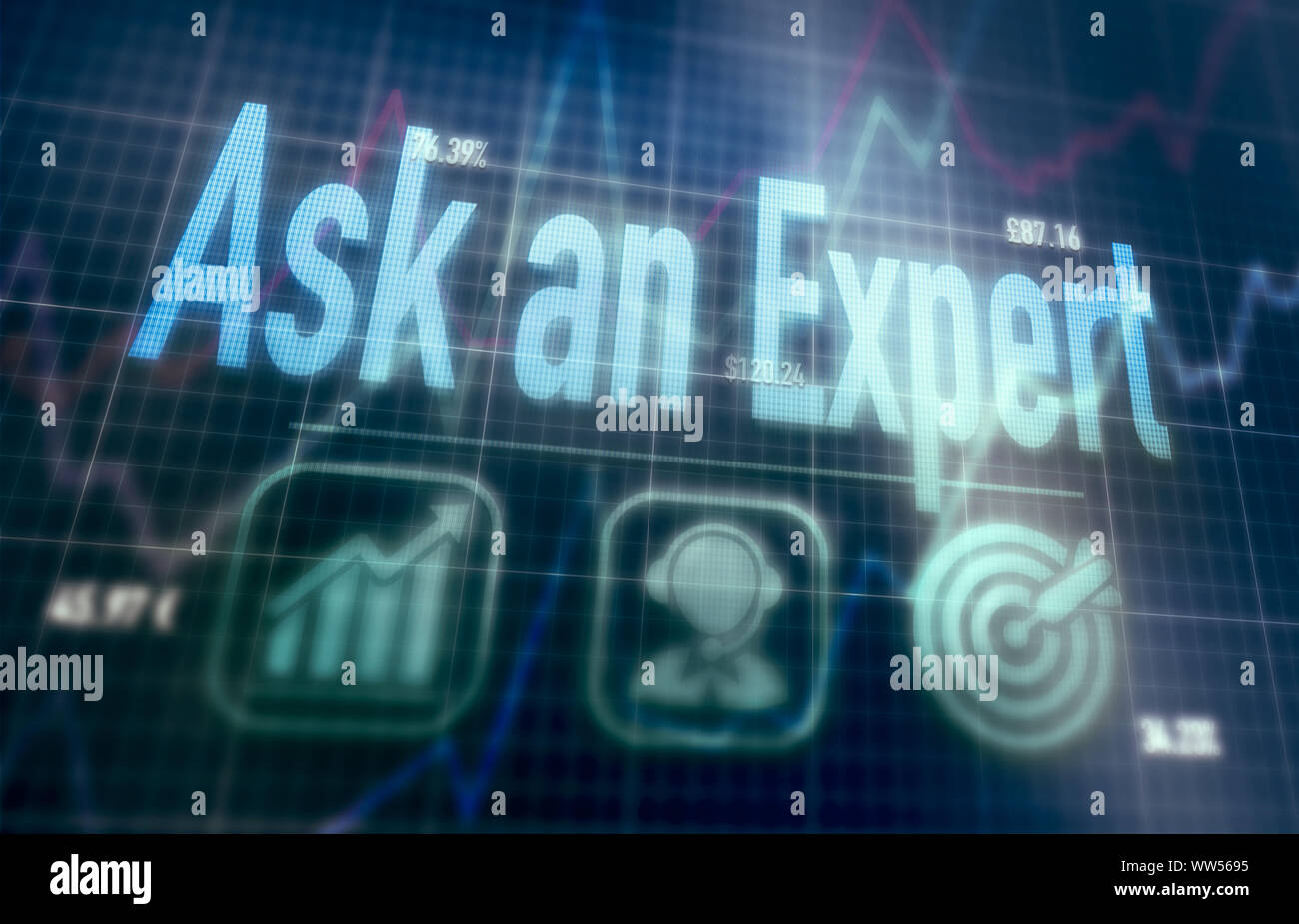 Ask An Expert concept on a blue dot matrix computer display. Stock Photo