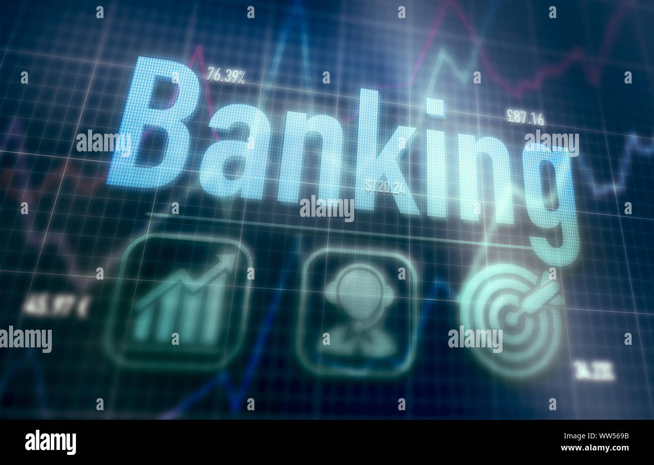 Banking concept on a blue dot matrix computer display. Stock Photo