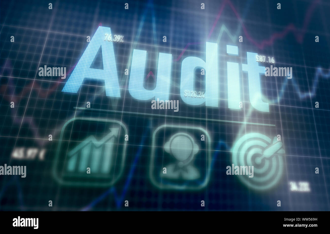 Audit concept on a blue dot matrix computer display. Stock Photo