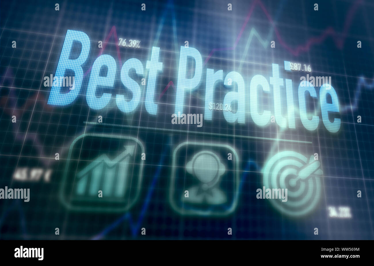 Best Practice concept on a blue dot matrix computer display. Stock Photo