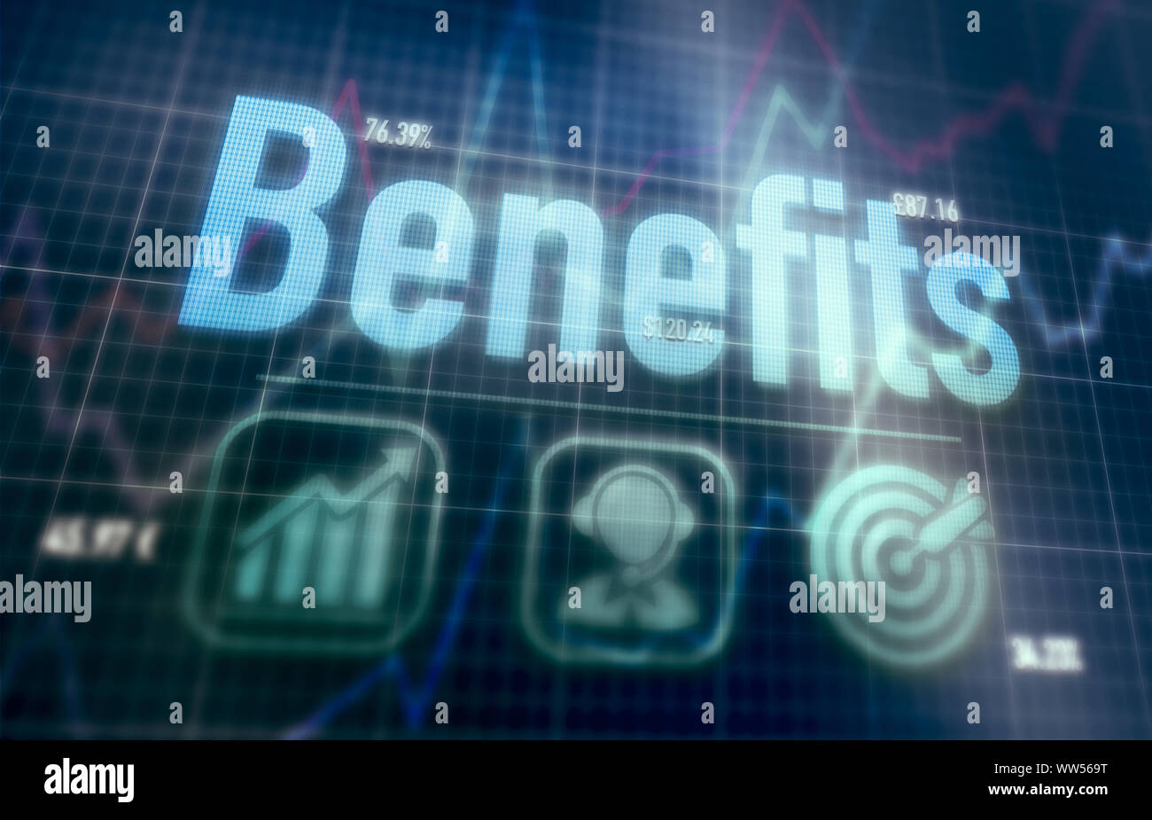 Benefits concept on a blue dot matrix computer display. Stock Photo