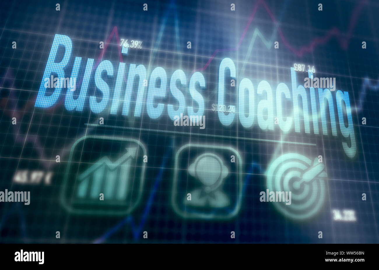 Business Coaching concept on a blue dot matrix computer display. Stock Photo