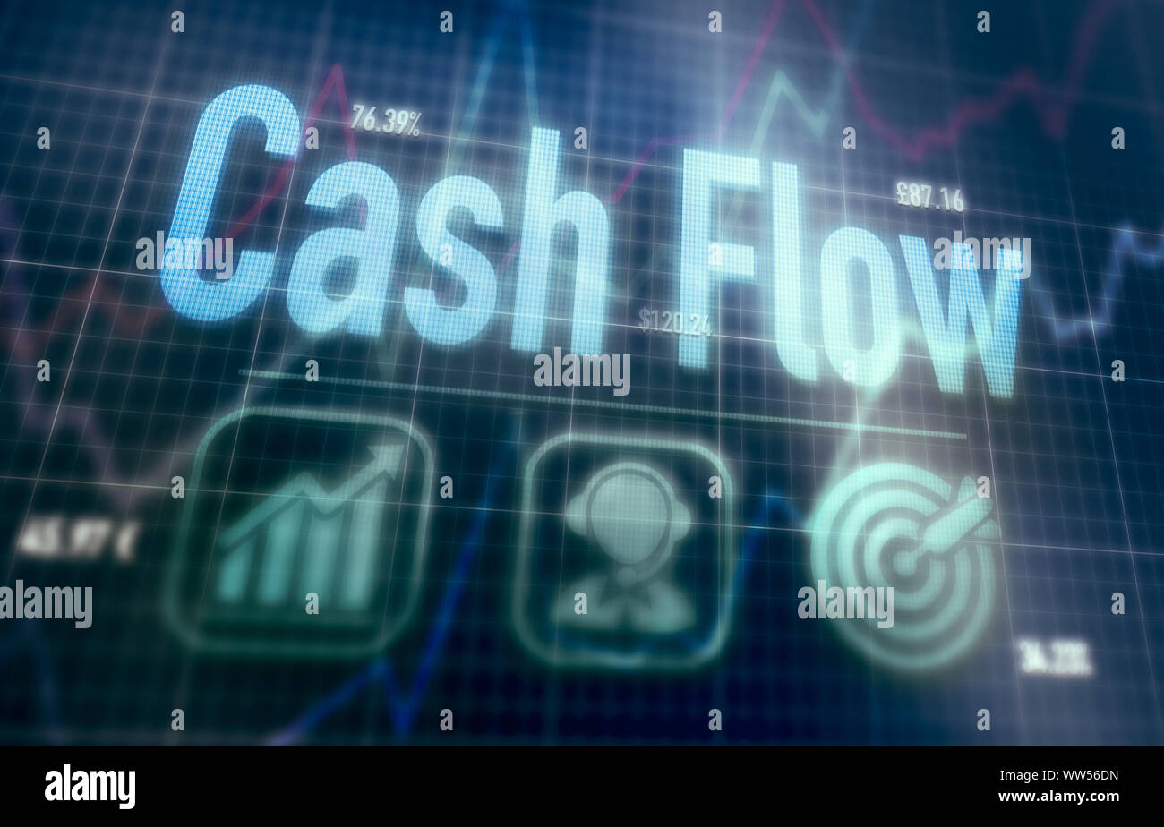 Cash Flow concept on a blue dot matrix computer display. Stock Photo