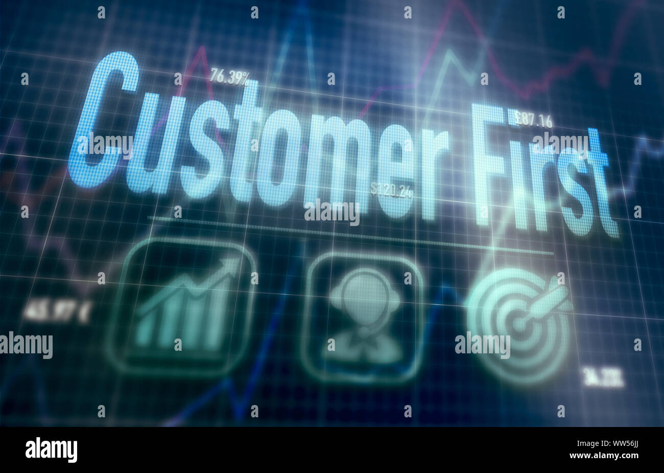 Customer First concept on a blue dot matrix computer display. Stock Photo
