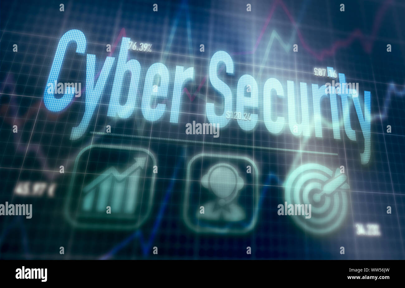 Cyber Security concept on a blue dot matrix computer display. Stock Photo