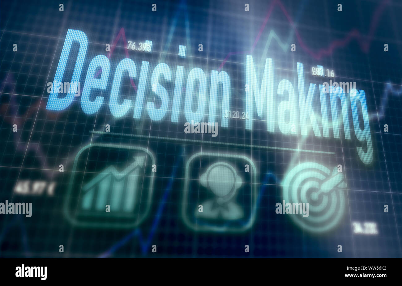 Decision Making concept on a blue dot matrix computer display. Stock Photo