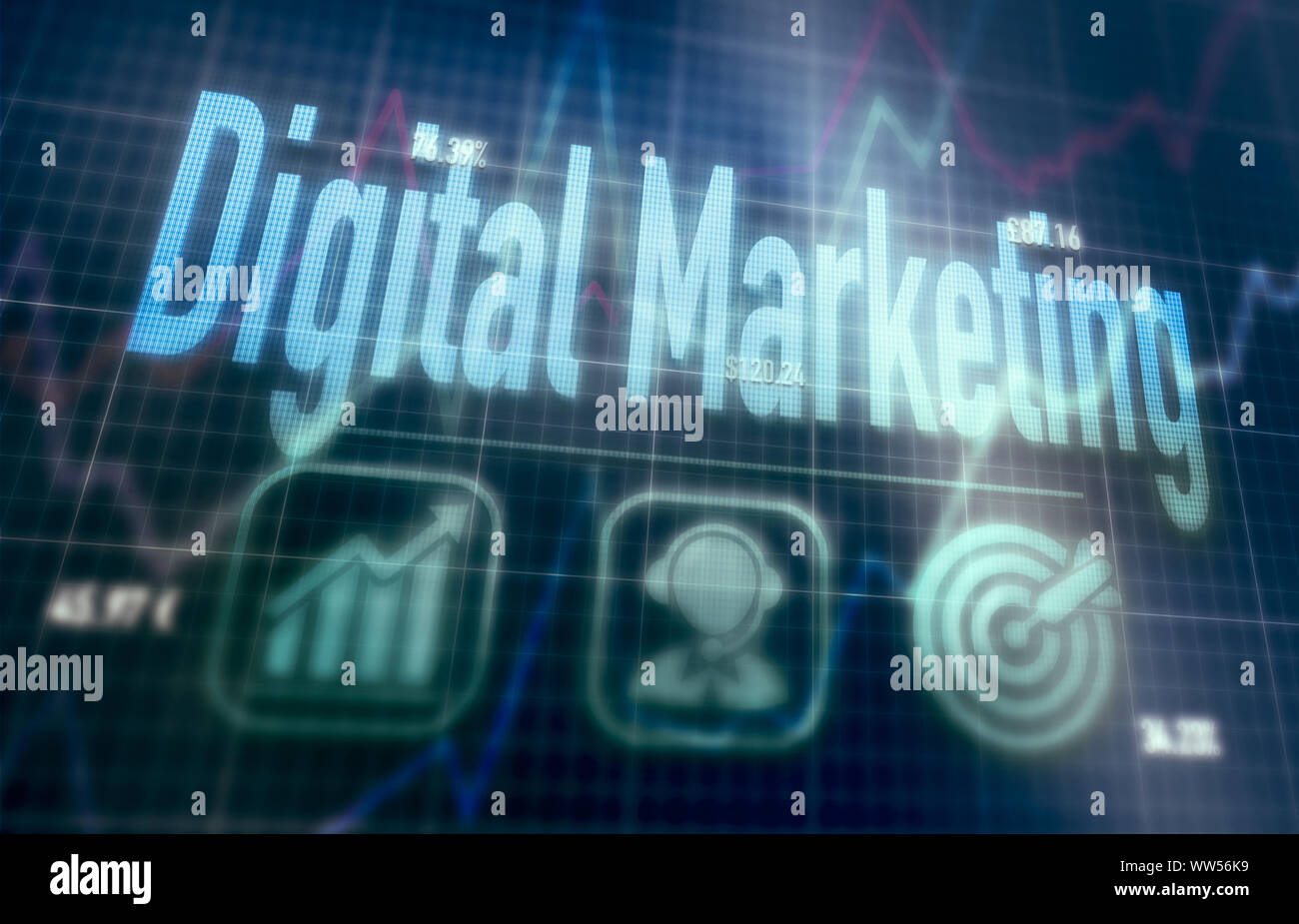 Digital Marketing concept on a blue dot matrix computer display. Stock Photo