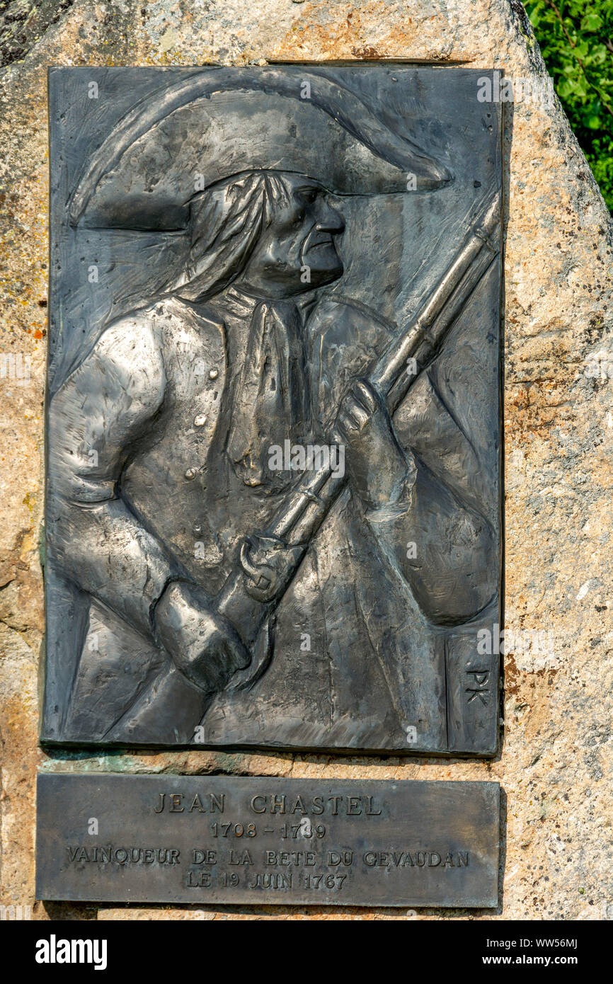 Memorial stone of Jean Chastel, man who killed the beast of Gevaudan, La  Besseyre-St-Mary, Margeride, Haute-Loire department, Auvergne-Rhone-Alpes,  Fr Stock Photo - Alamy