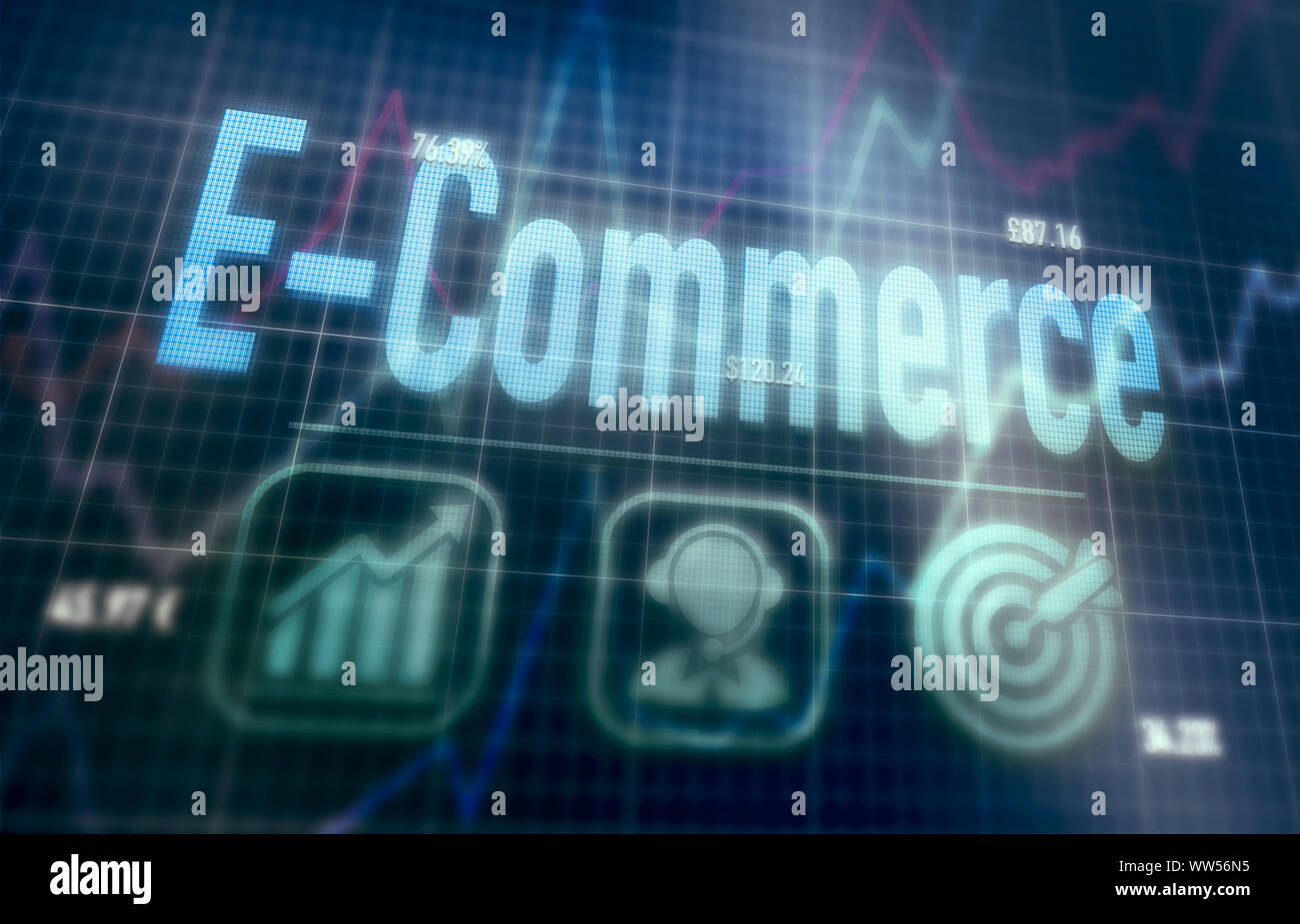 E-Commerce concept on a blue dot matrix computer display. Stock Photo