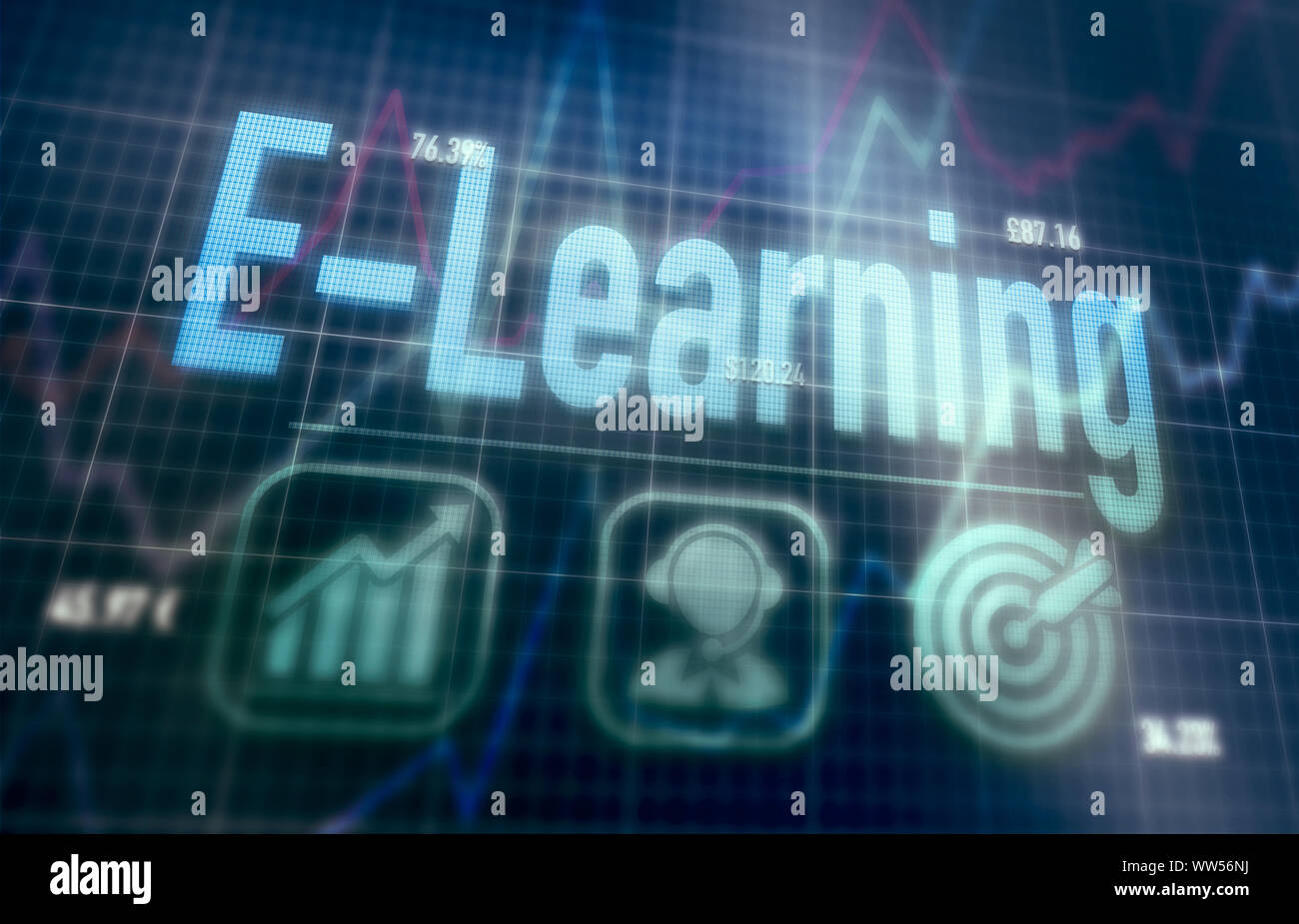 E-Learning concept on a blue dot matrix computer display. Stock Photo