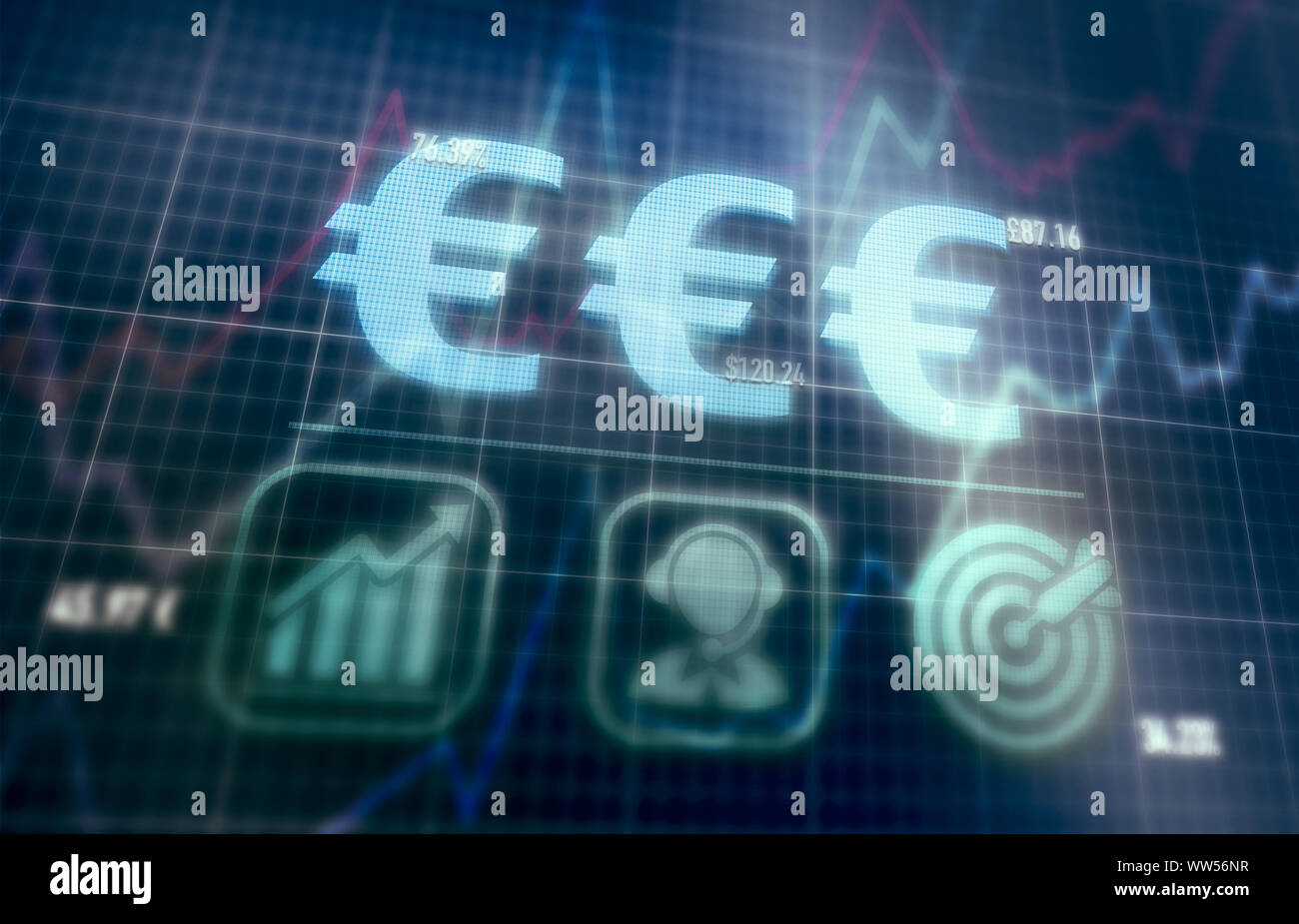 Euros concept on a blue dot matrix computer display. Stock Photo