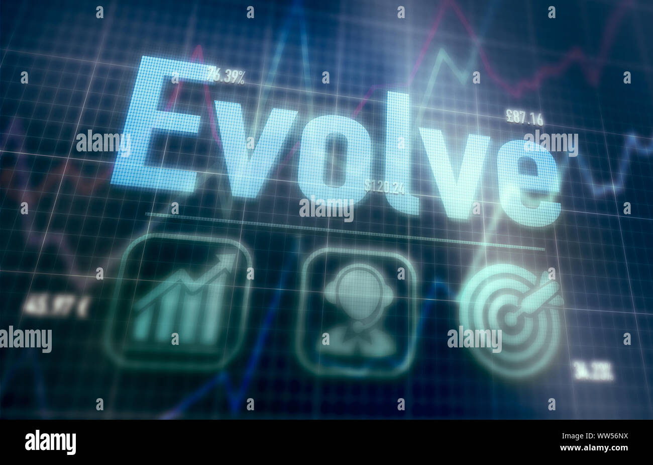 Evolve concept on a blue dot matrix computer display. Stock Photo