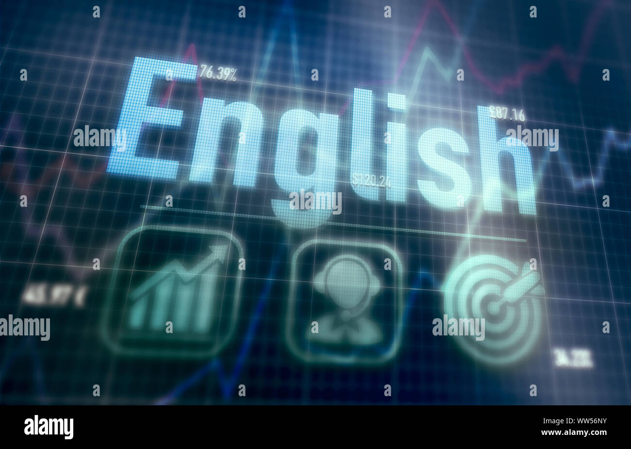English concept on a blue dot matrix computer display. Stock Photo