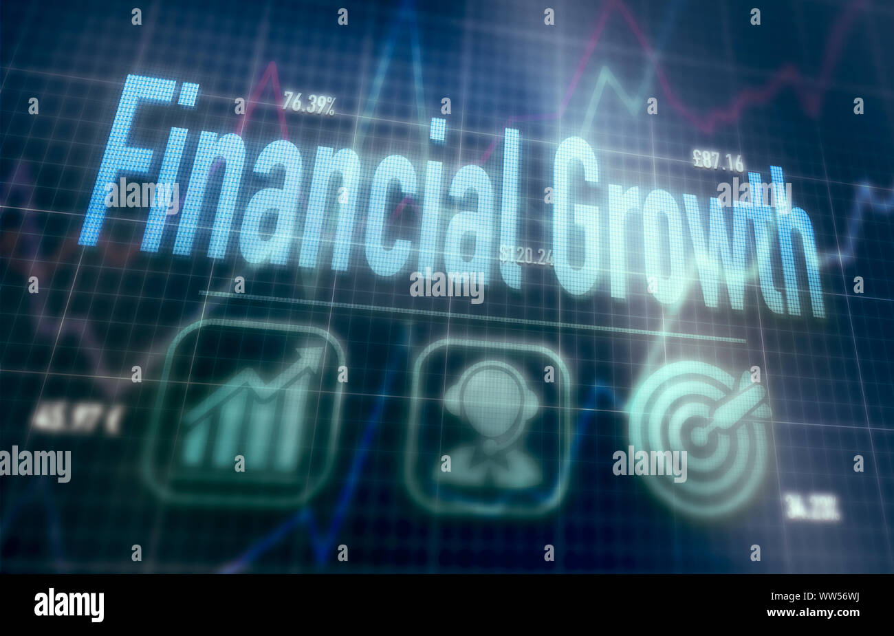Financial Growth concept on a blue dot matrix computer display. Stock Photo