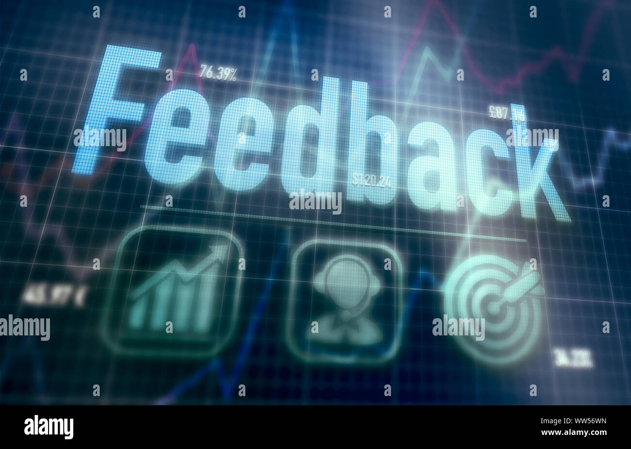 Feedback concept on a blue dot matrix computer display. Stock Photo