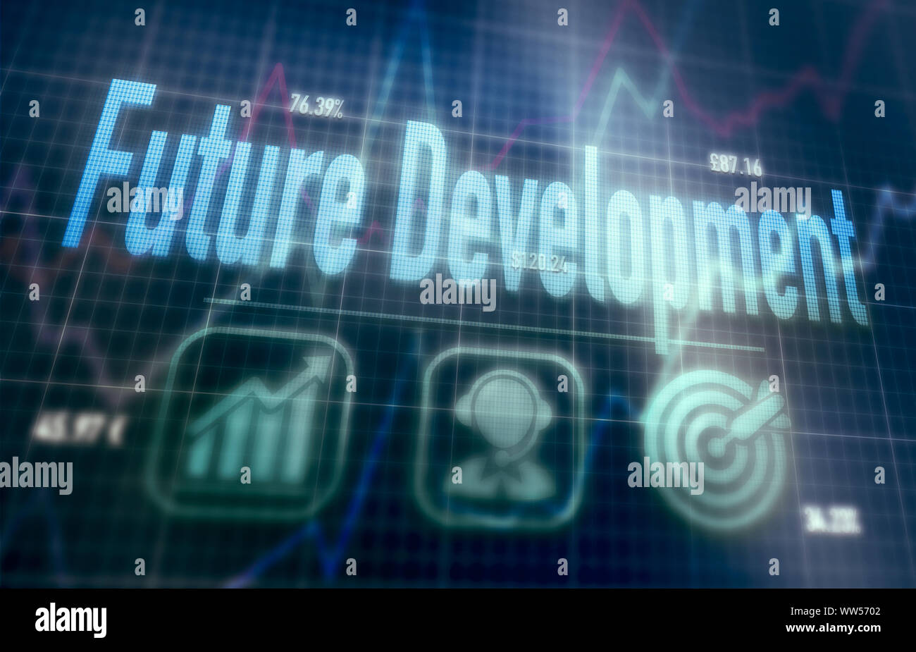 Future Development concept on a blue dot matrix computer display. Stock Photo