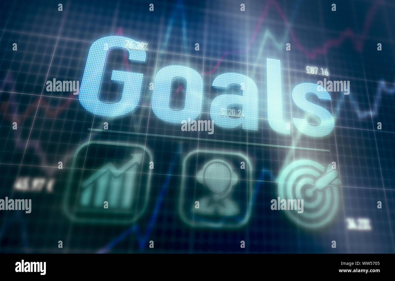 Goals concept on a blue dot matrix computer display. Stock Photo