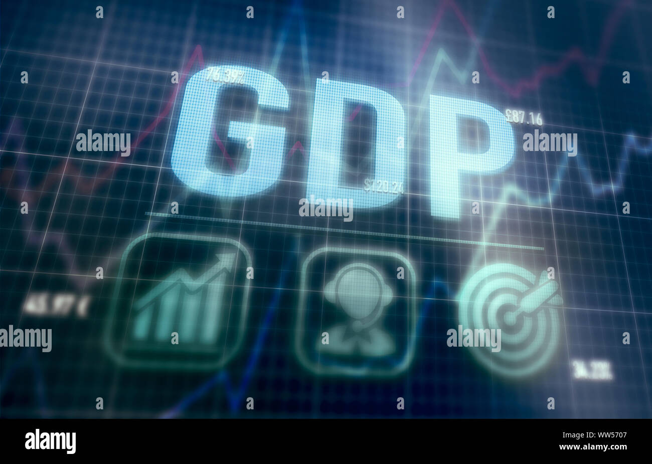 GDP concept on a blue dot matrix computer display. Stock Photo