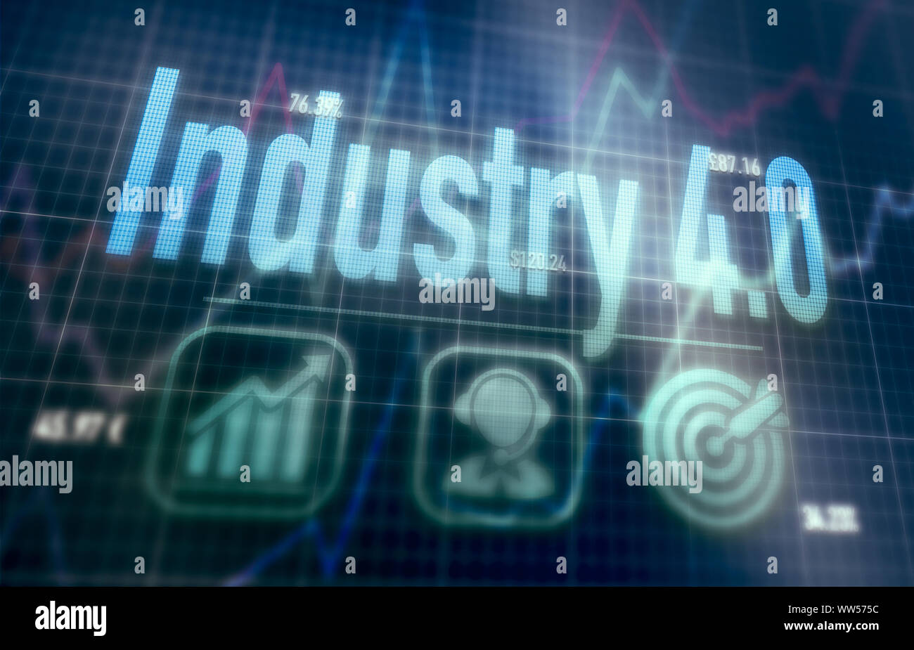 Indusrty 4.0 concept on a blue dot matrix computer display. Stock Photo