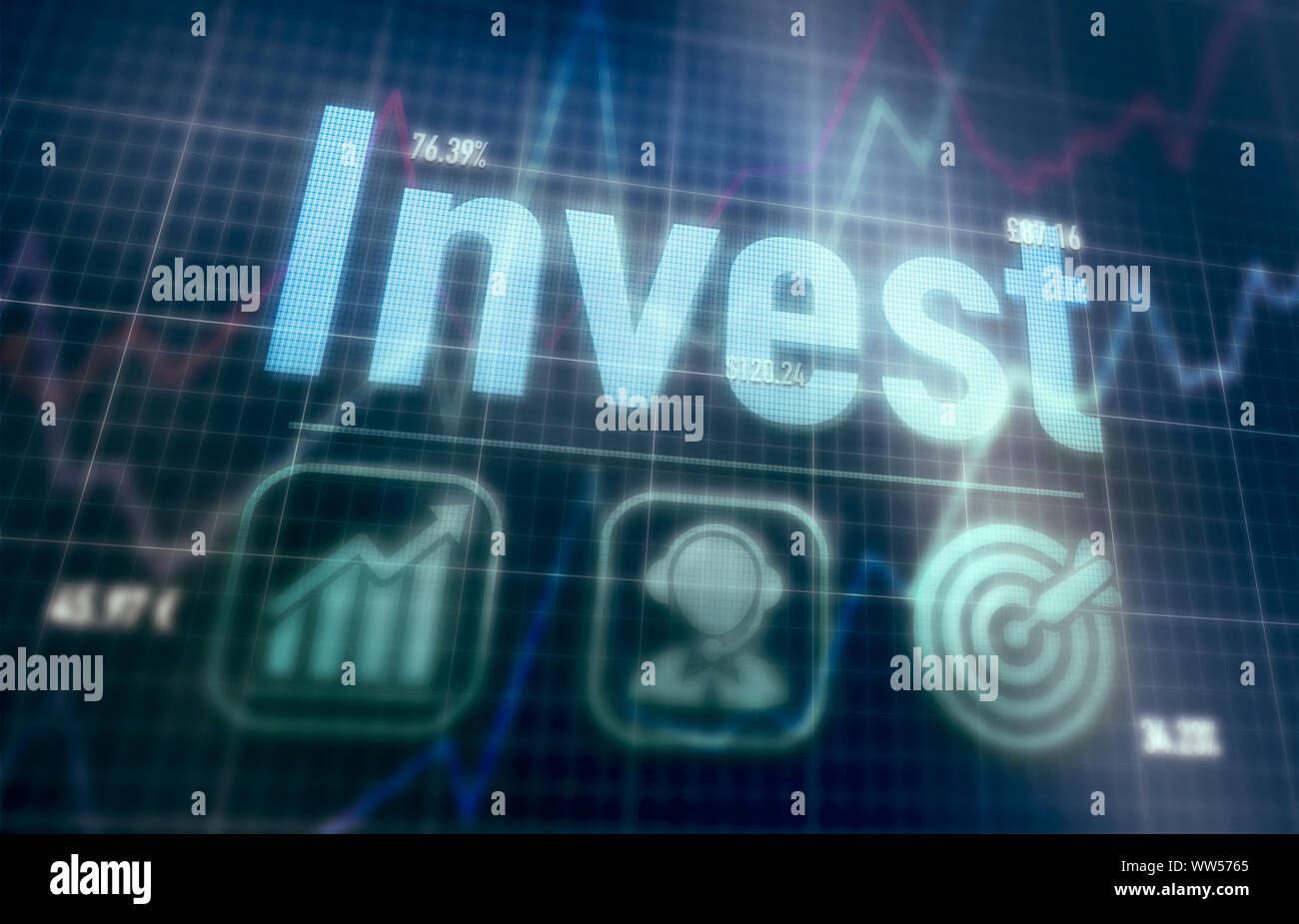 Invest concept on a blue dot matrix computer display. Stock Photo