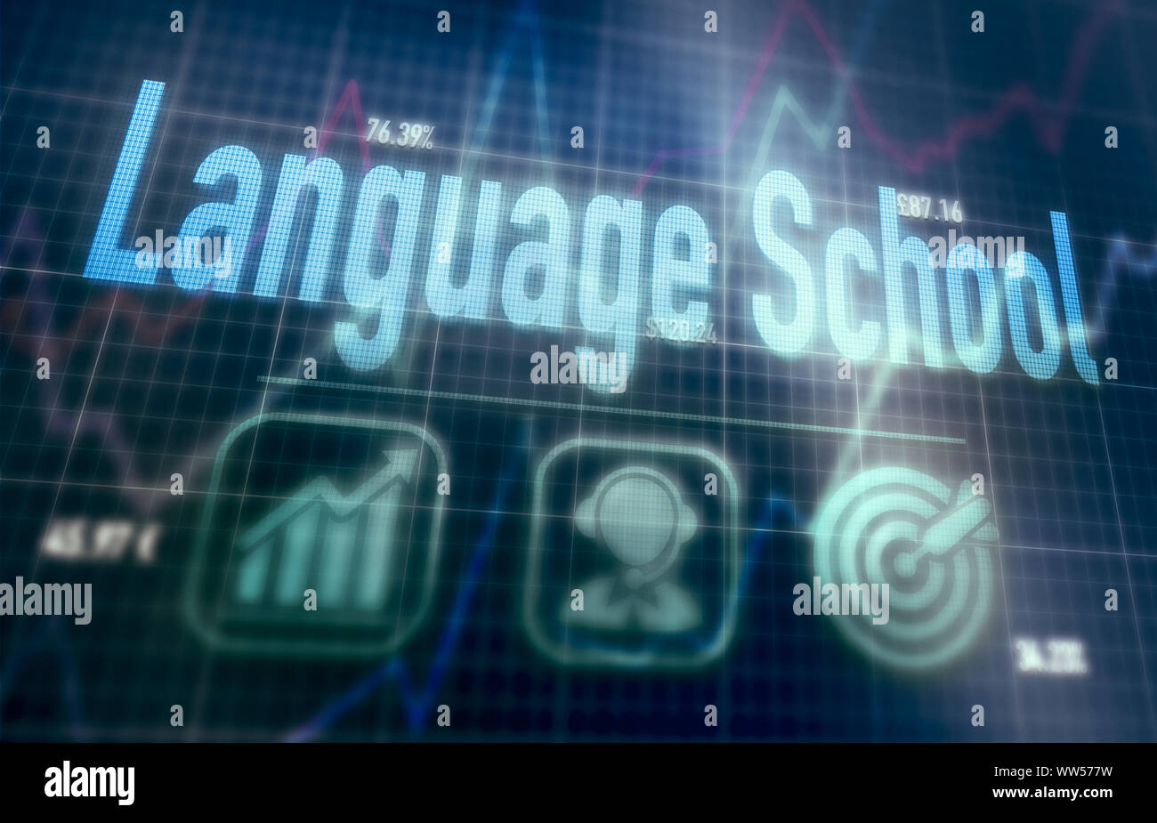 Language School concept on a blue dot matrix computer display. Stock Photo