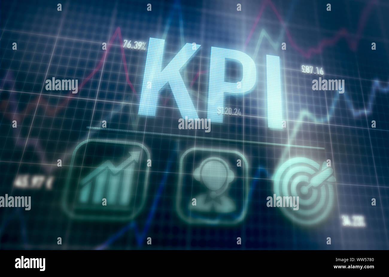 KPI concept on a blue dot matrix computer display. Stock Photo