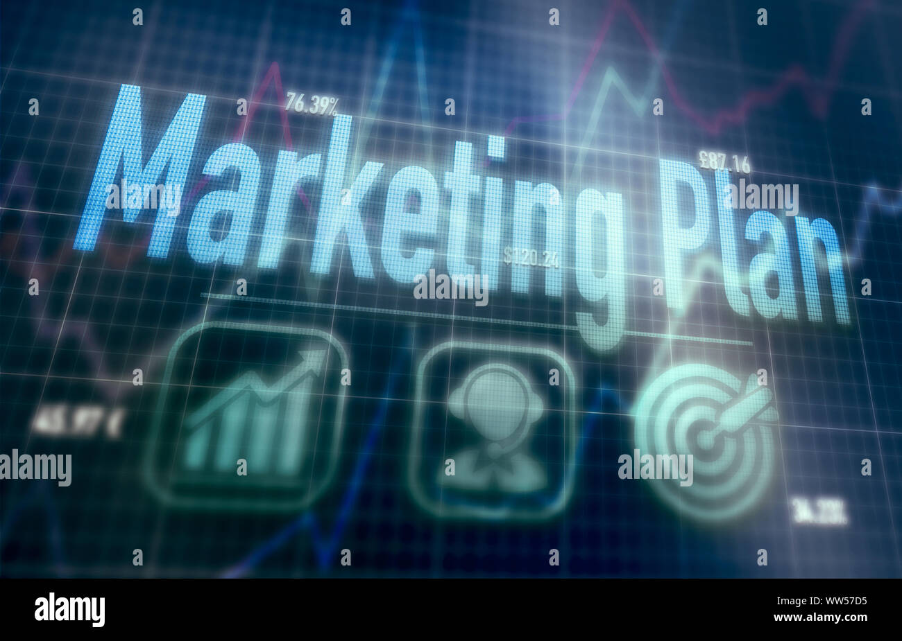 Marketing Plan concept on a blue dot matrix computer display. Stock Photo