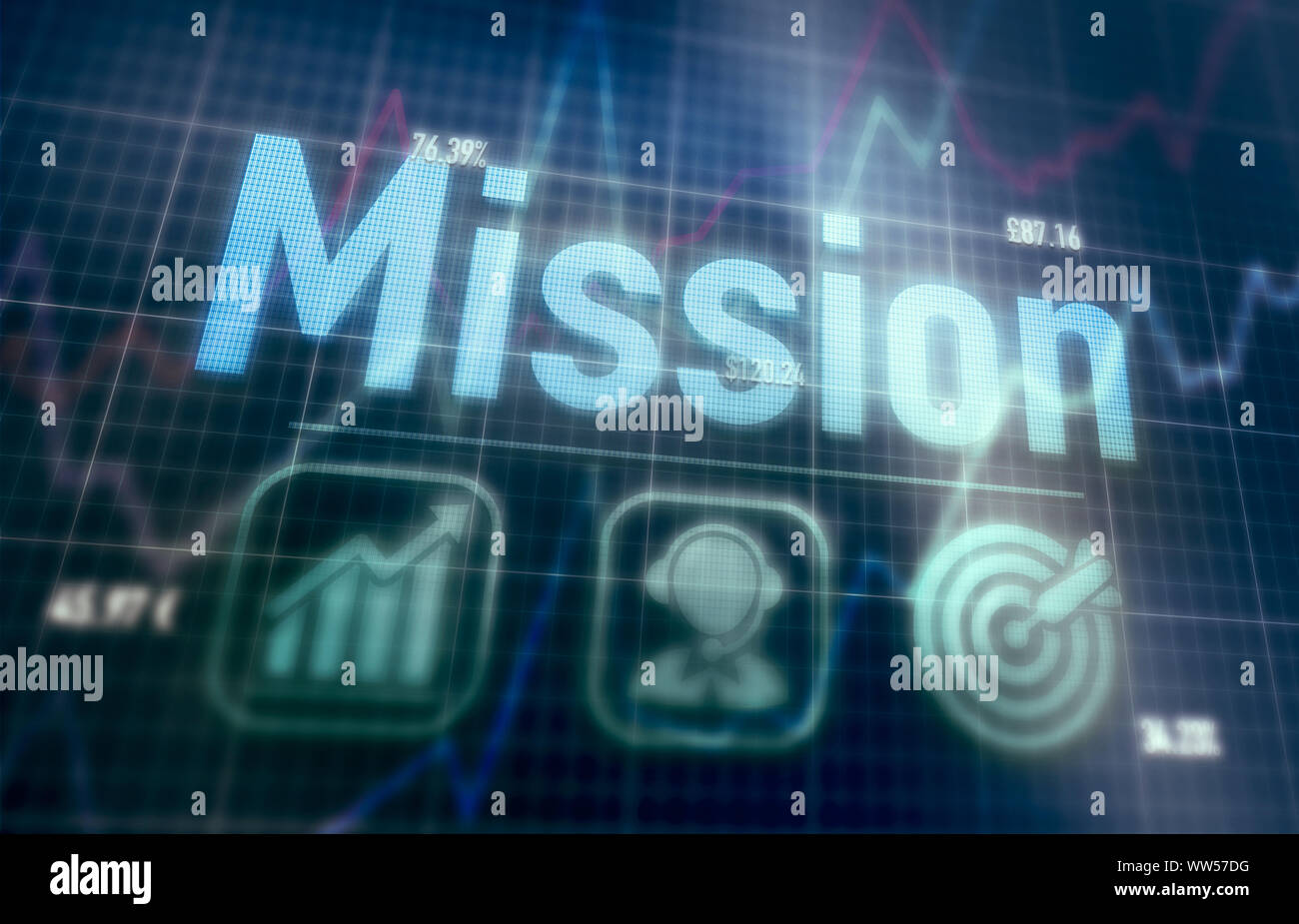 Mission concept on a blue dot matrix computer display. Stock Photo