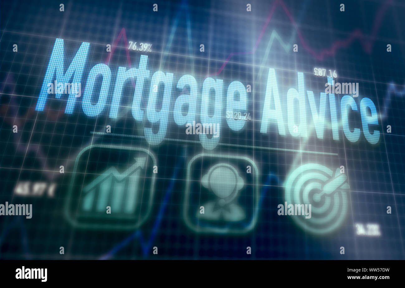 Mortgage Advice concept on a blue dot matrix computer display. Stock Photo