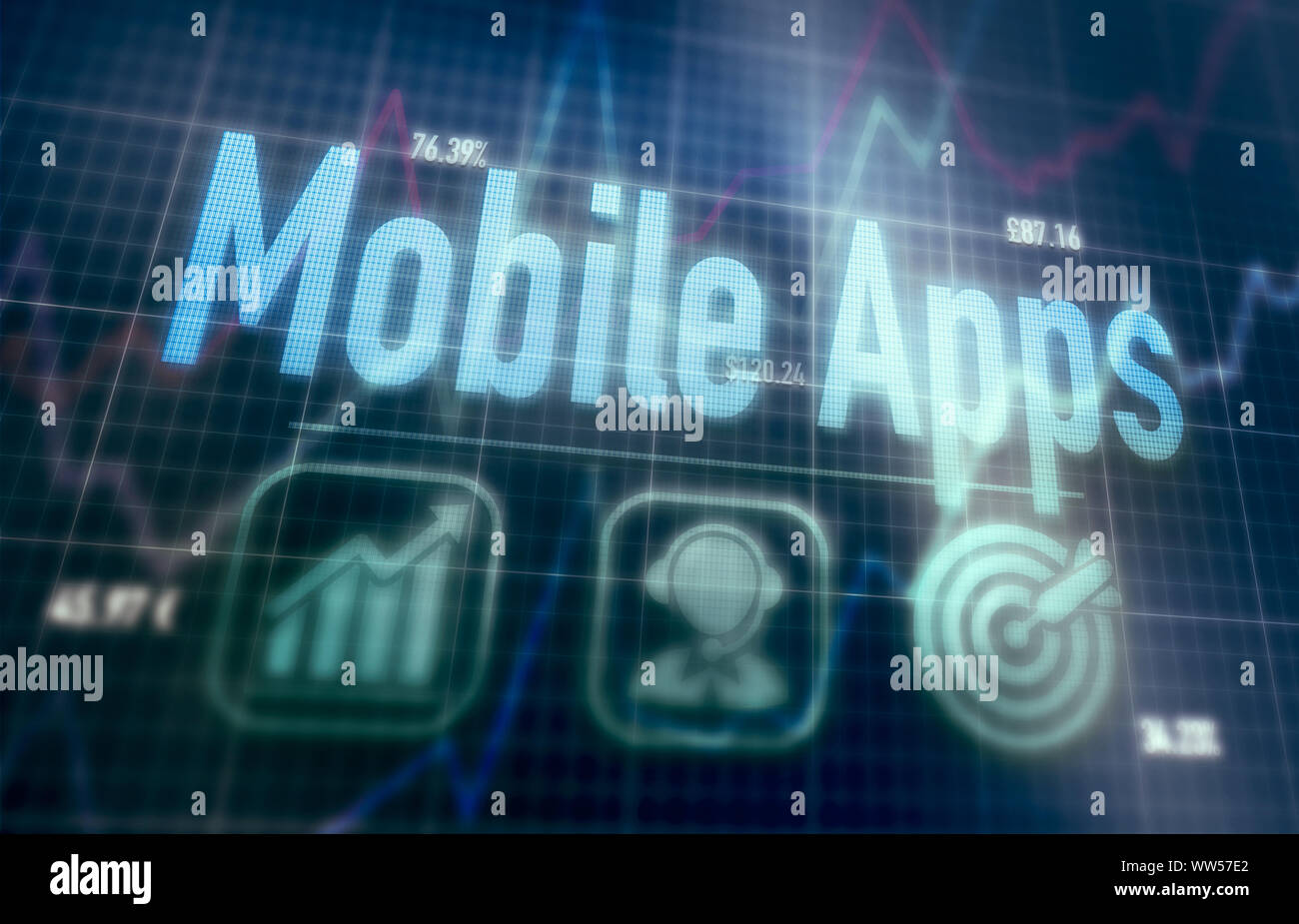 Mobile Apps concept on a blue dot matrix computer display. Stock Photo