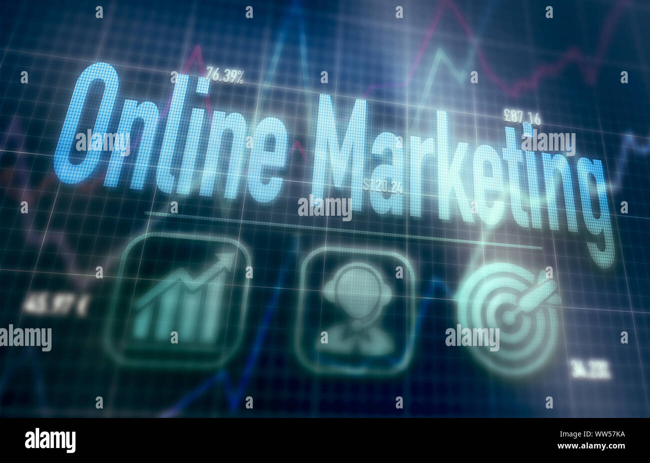 Online Marketing concept on a blue dot matrix computer display. Stock Photo