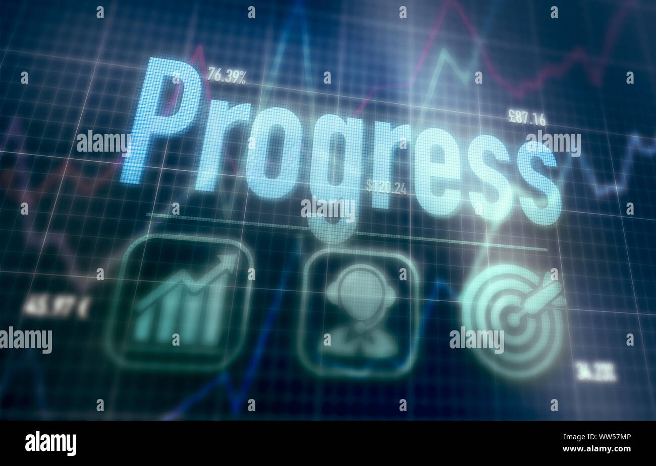 Progress concept on a blue dot matrix computer display. Stock Photo