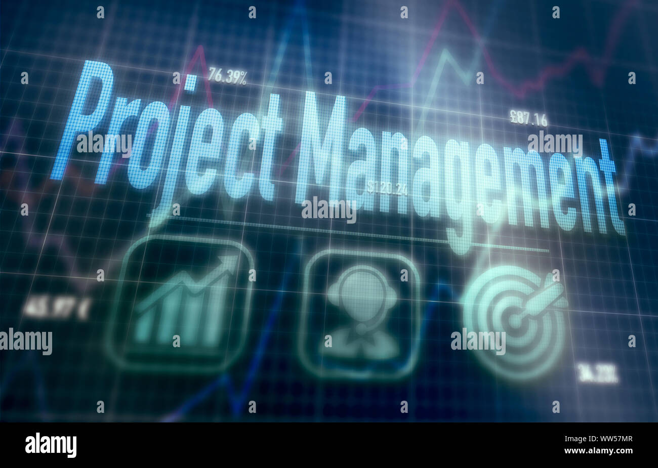 Project Management concept on a blue dot matrix computer display. Stock Photo