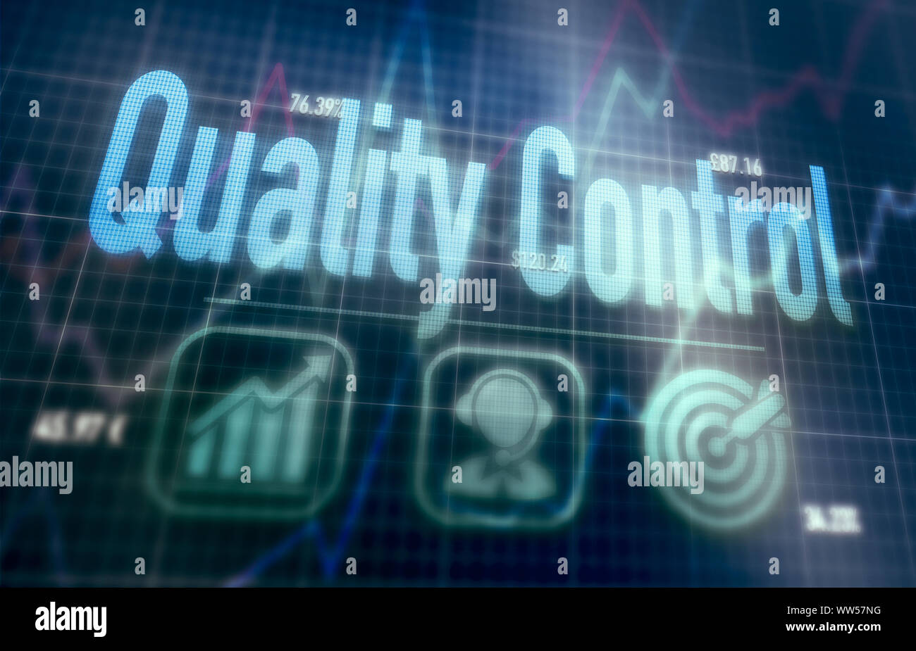 Quality Control concept on a blue dot matrix computer display. Stock Photo
