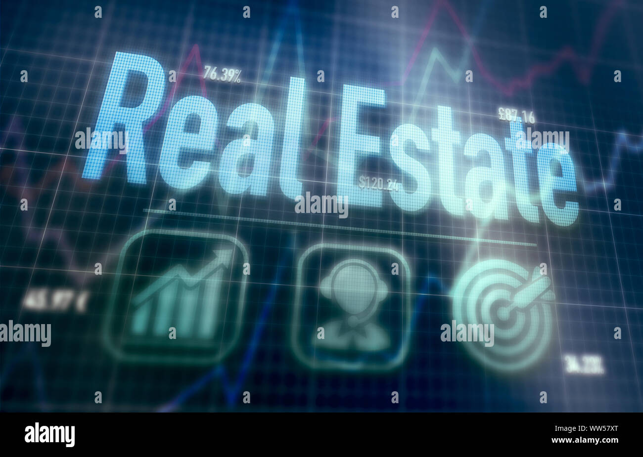 Real Estate concept on a blue dot matrix computer display. Stock Photo