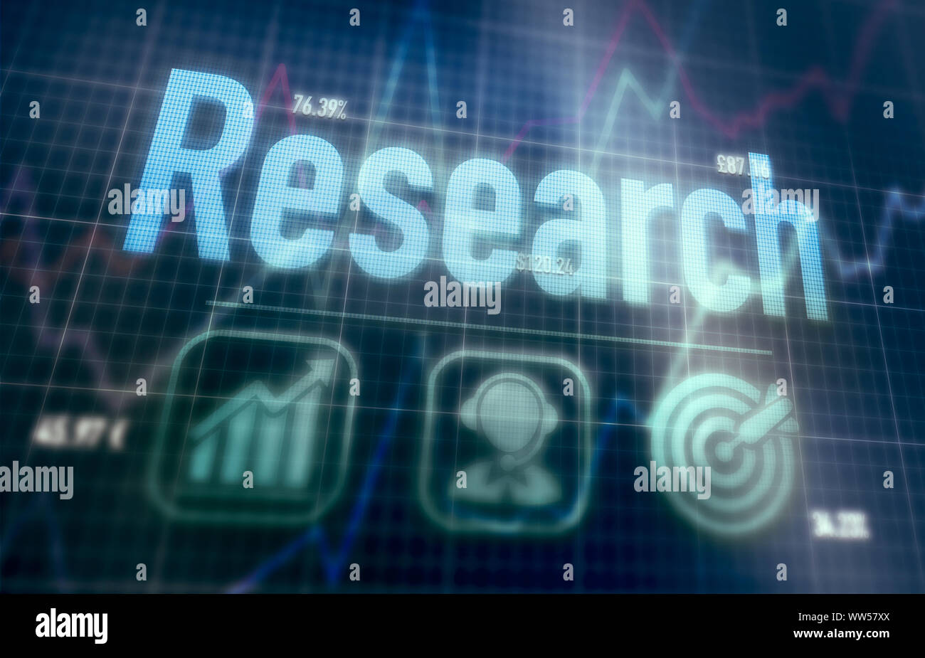 Research concept on a blue dot matrix computer display. Stock Photo