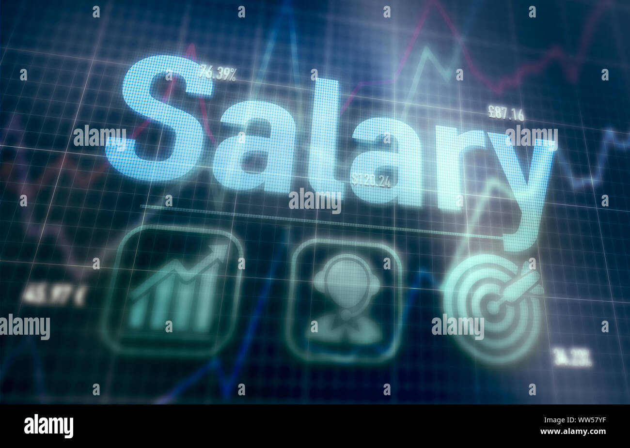 Salary concept on a blue dot matrix computer display. Stock Photo