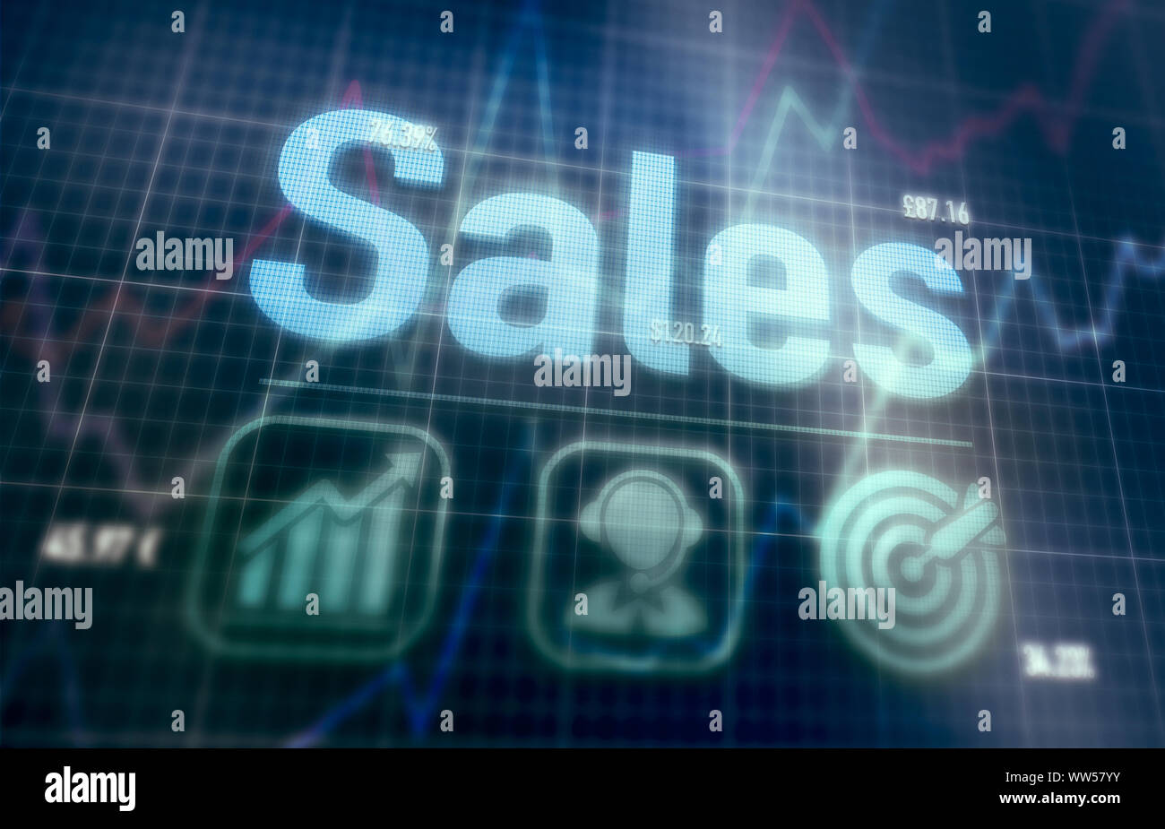Sales concept on a blue dot matrix computer display. Stock Photo