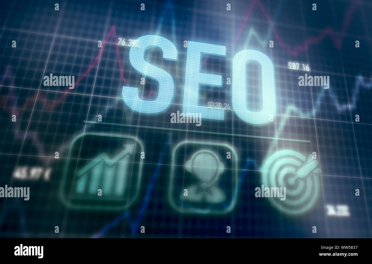 SEO concept on a blue dot matrix computer display. Stock Photo
